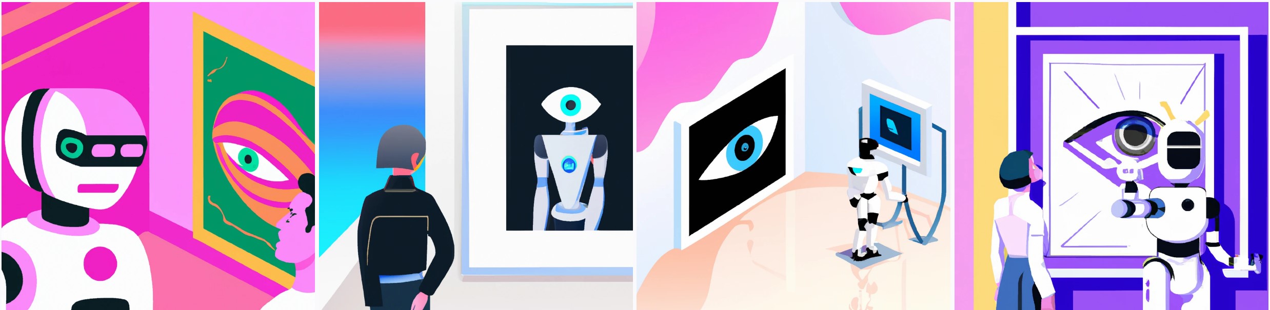 Four colorful panels of cartoons of robots and people looking at images of eyes